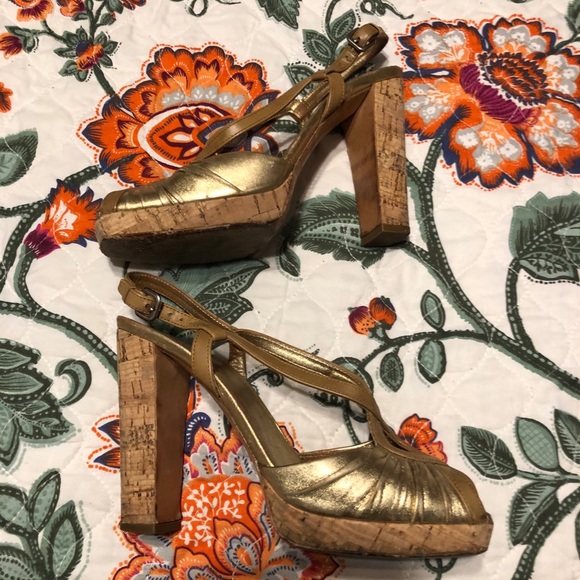 Prada Leather Gold Cork Slingback Heels size 38.5 - Picture 8 of 16
